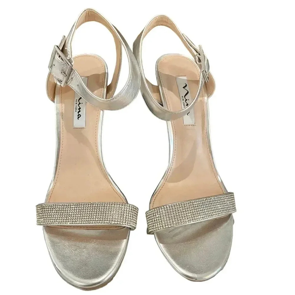 Nina Solange My  Silver Metallic‎ Rhinestone Ankle Strap Chunky Heel Women's 9 M